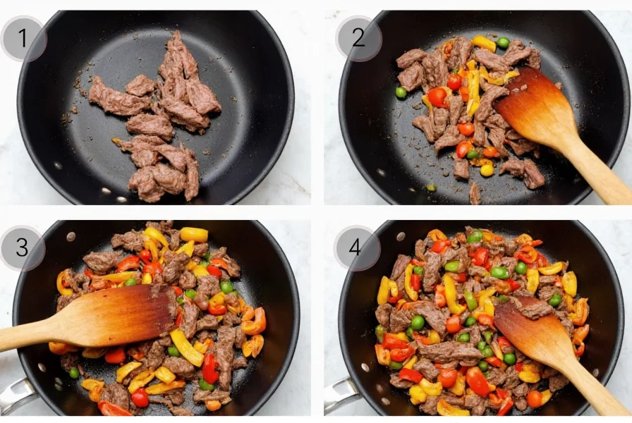 Step-by-step cooking process showing beef strips being stir-fried with colorful peppers in a wok