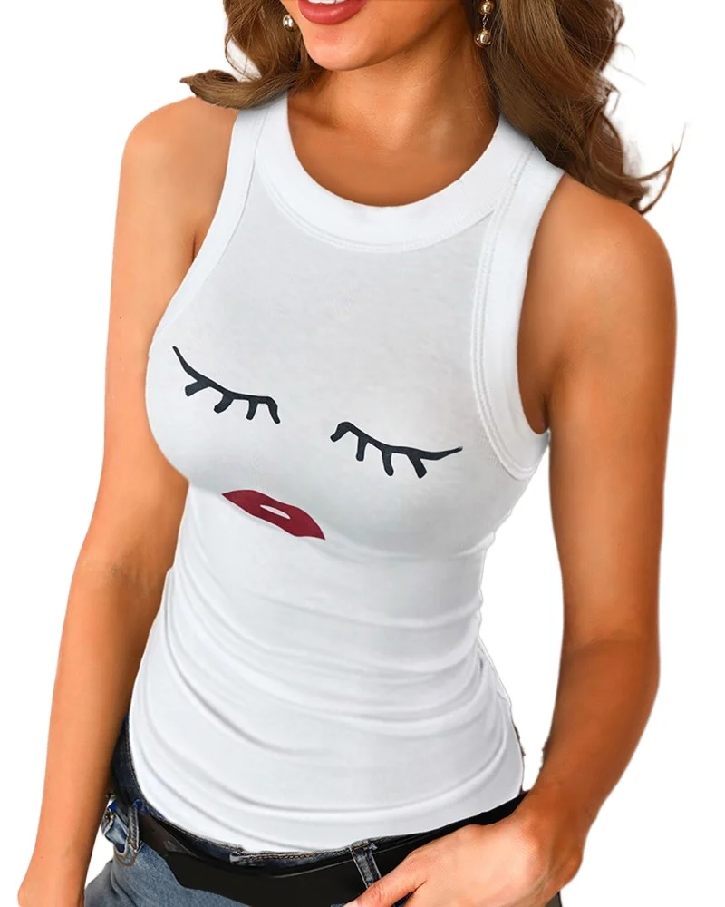 

Summer Women Tops Fashionable Sleeveless Basic Cami Slim Knit Ribbed Raceback Blouses Cartoon Vest Top Shirt