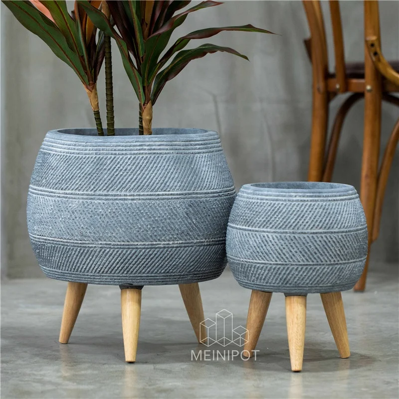 

New line design small size Grey wash color fiberclay wood leg pot Planter