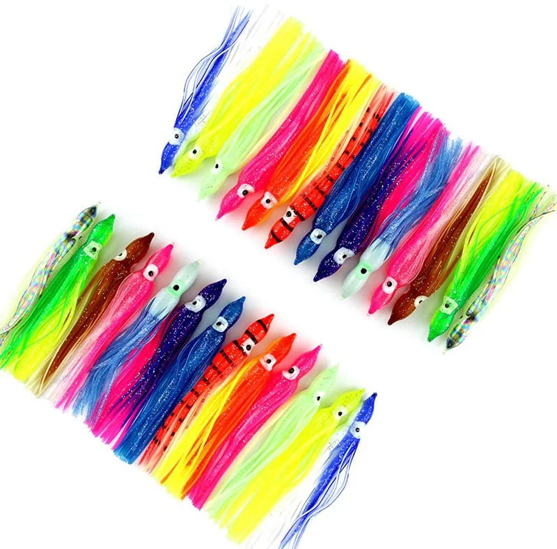 

100 pcs/ bag 5-15cm 20 Colors Soft Plastic Trolling Soft Fishing Lures Using Octopus Skirts And Lumimous Squids Skirt