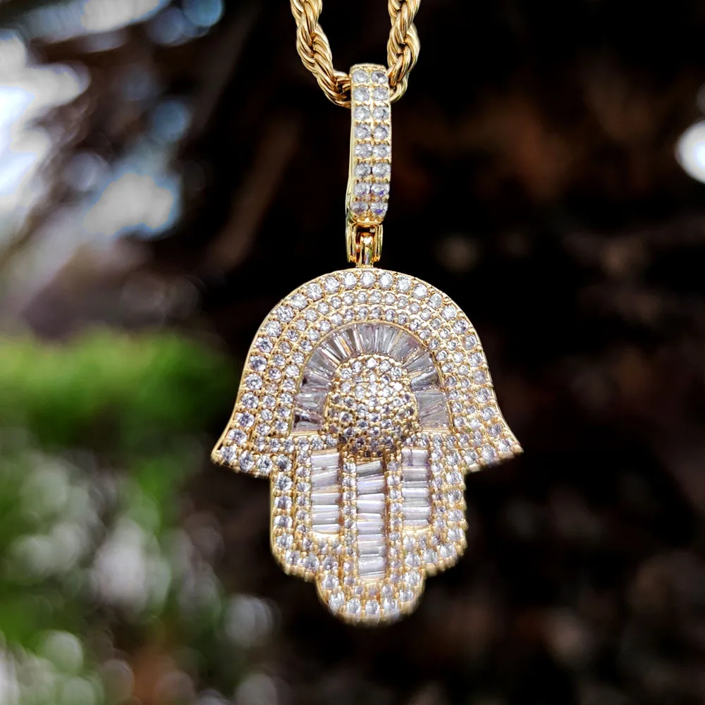 

Iced Out Vintage Jewelry 18k Gold Plated AAA CZ Micro Pave Baguette Hamsa Hand Pendant Necklace, Picture