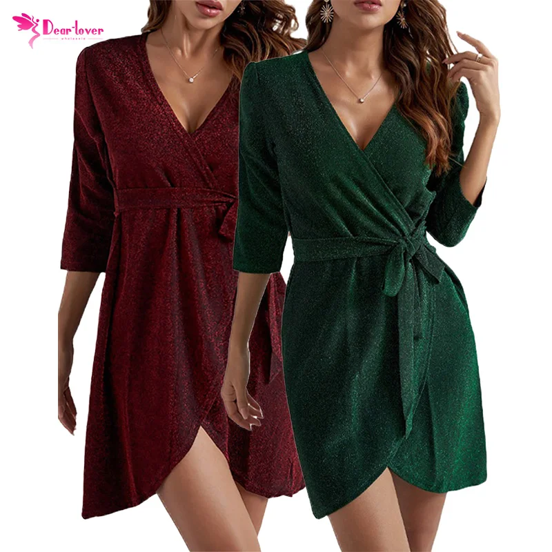 

2021 Vestidos Cortos Women Sexy Mini Dresses V Neck Long Sleeve Wrap Dress