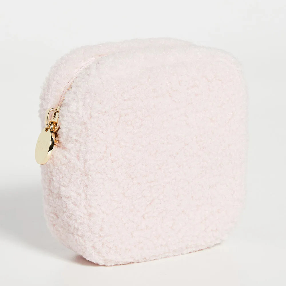 

Stock Pink Sherpa Fur Cosmetic Bag Organizer Small Purse for Women Girls Gift Zip Closure Mini Make Up Pouch