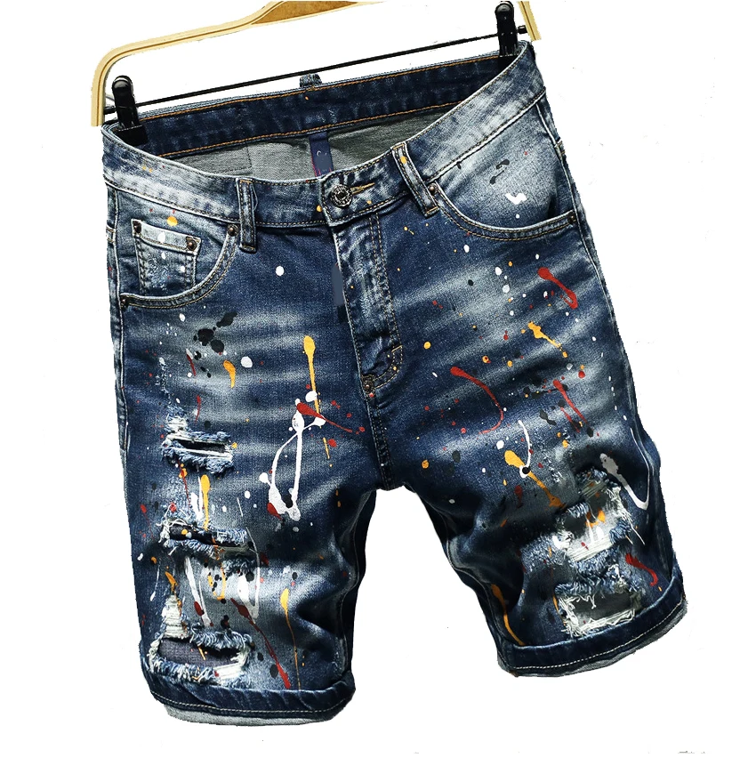 

2020 branding logo denim short jean hand-painted men's shorts Man Jeans Shorts, Denim blue