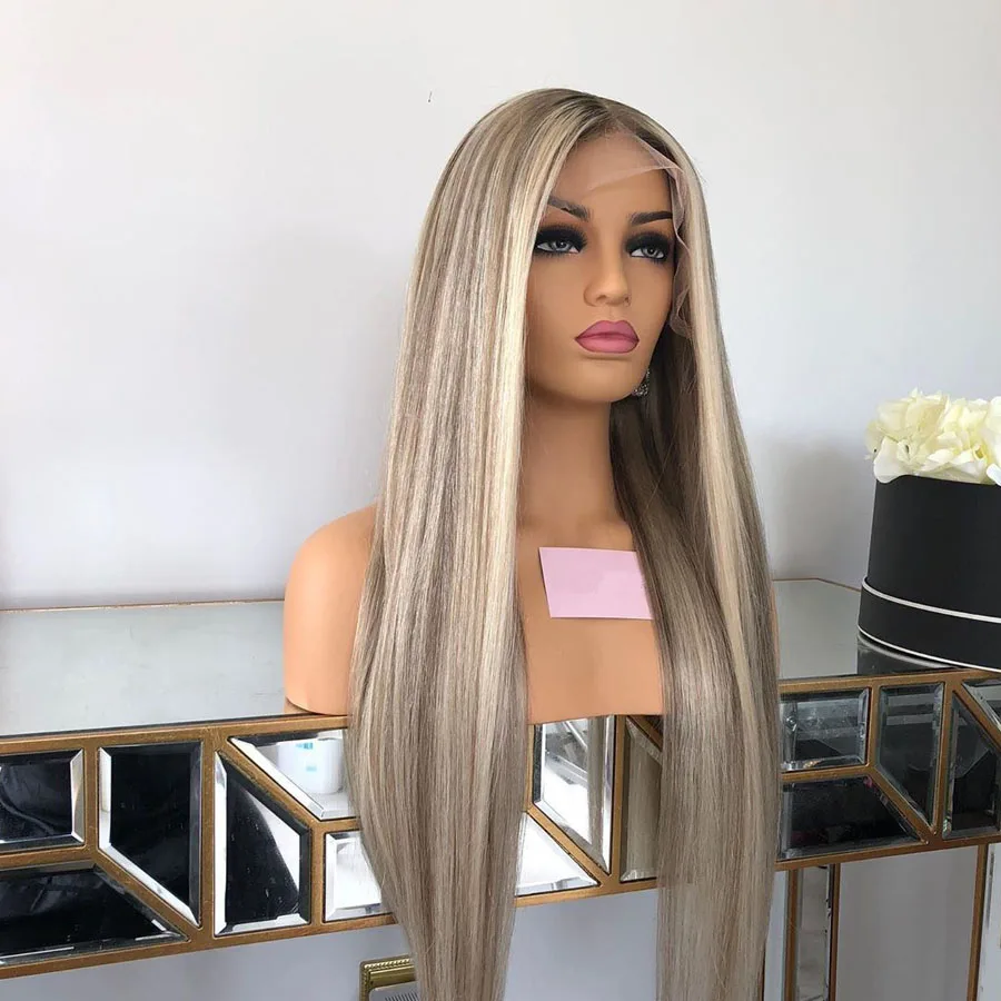 

Long Straight Lace Front Human Hair Wigs Pre Plucked For Women Highlight Ash Platinum Blonde Straight Full End Brazilian Remy, Natural color lace wig