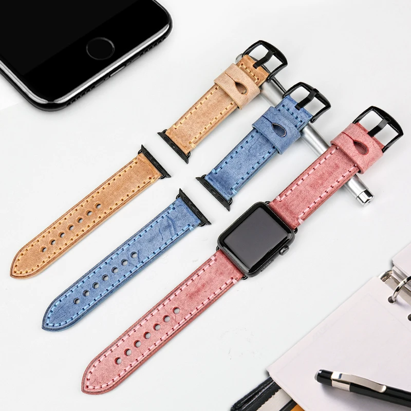 

Soft Blue Brown Red Leather Hand Made Watch Strap for Apple Watch Strap Premium Leather 42mm 38 44mm 40 Series 6 5 4 3 Watchband