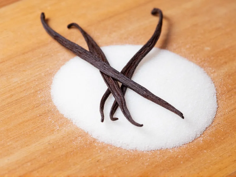 Split vanilla beans in sugar on wooden cutting board