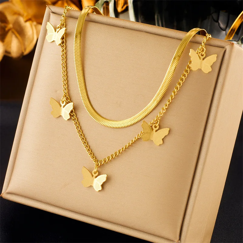 

New 18K Gold Plated Herringbone Chain Butterfly Necklace Stainless Steel Butterfly Double Layered Necklaces Women