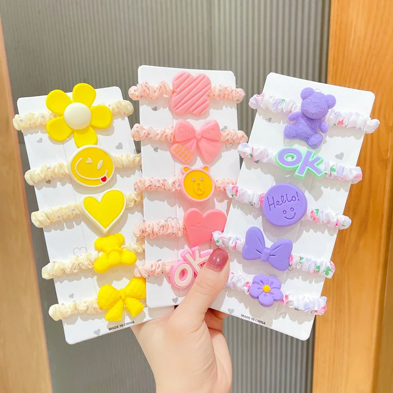 

New Cute Kids Cartoon Scrunchies Set Girl Heart Bow Bear Smile Face Soft Hair Bands Children Ponytail Elastic Hair Tie