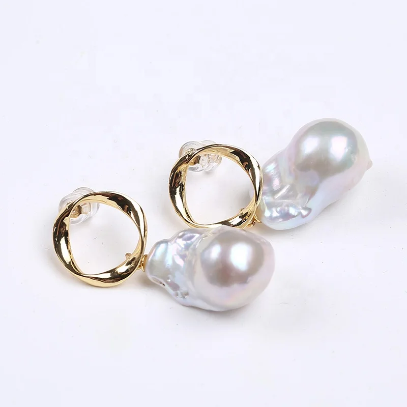 

new design large baroque freshwater flameball pearl earrings for party or wedding, White