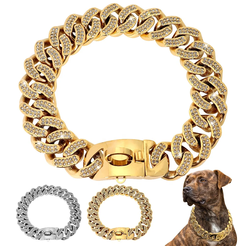 

Wholesale Luxury Diamond Pitbull Gold Metal Big Dog Chain Collar