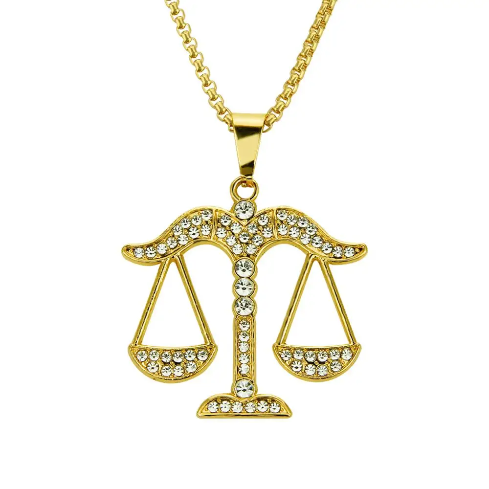 

Justice Balance Scales Pendant Necklace Fashion Gold Plated Alloy Libra Pendant Men Women Rhinestone Crystal Hiphop Jewelry