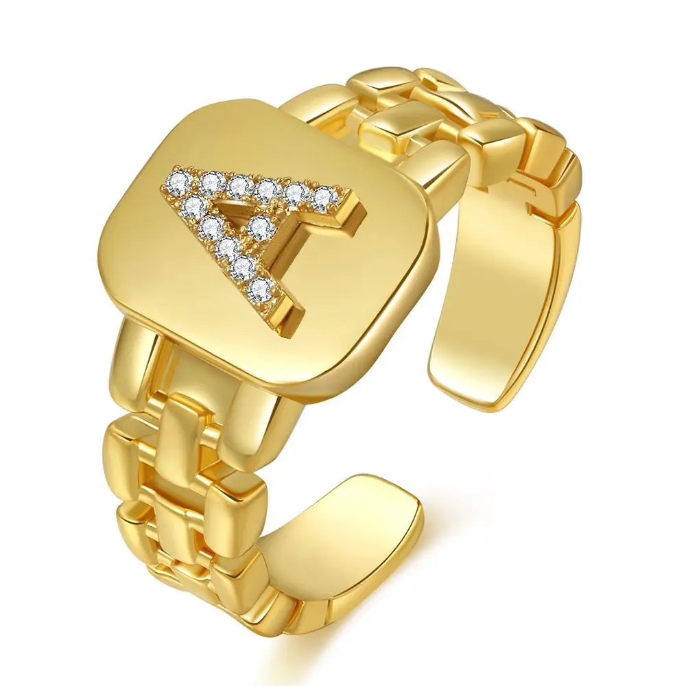 

Facotry Sale Gold Plated Link Chain Cz Letter Finger Rings Open Crystal Zirconia Alphabet Rings, Gold color