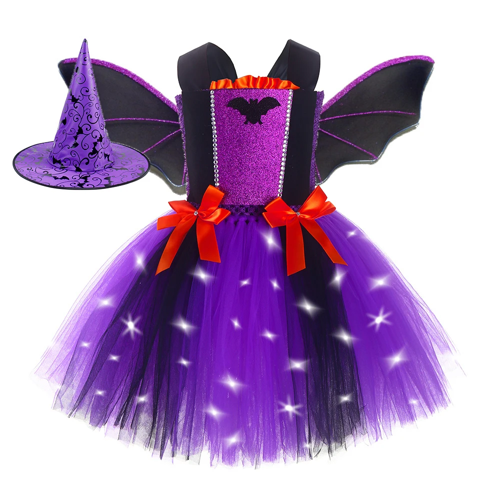 

Halloween White Led Tutu Outfits Purple Spider Cosplay Horror Theme Party Beautiful Dresses For Girls With Wing