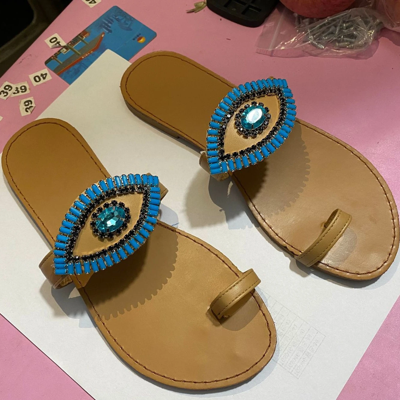 

Designer ladies rhinestone flat sandals beach outdoor toe ring slippers summer evil eye sandals evil eye shoes for women, Picture