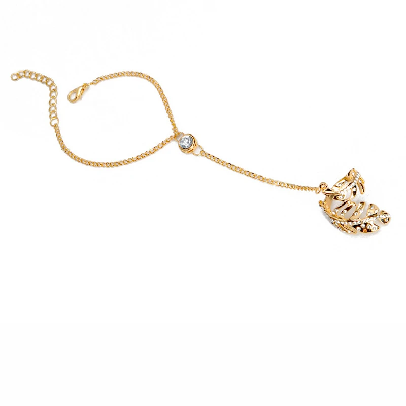

Punk Gold Silver Color Crystal Leaf Rings Bracelet for Women Chains Ring Statement Jewelry