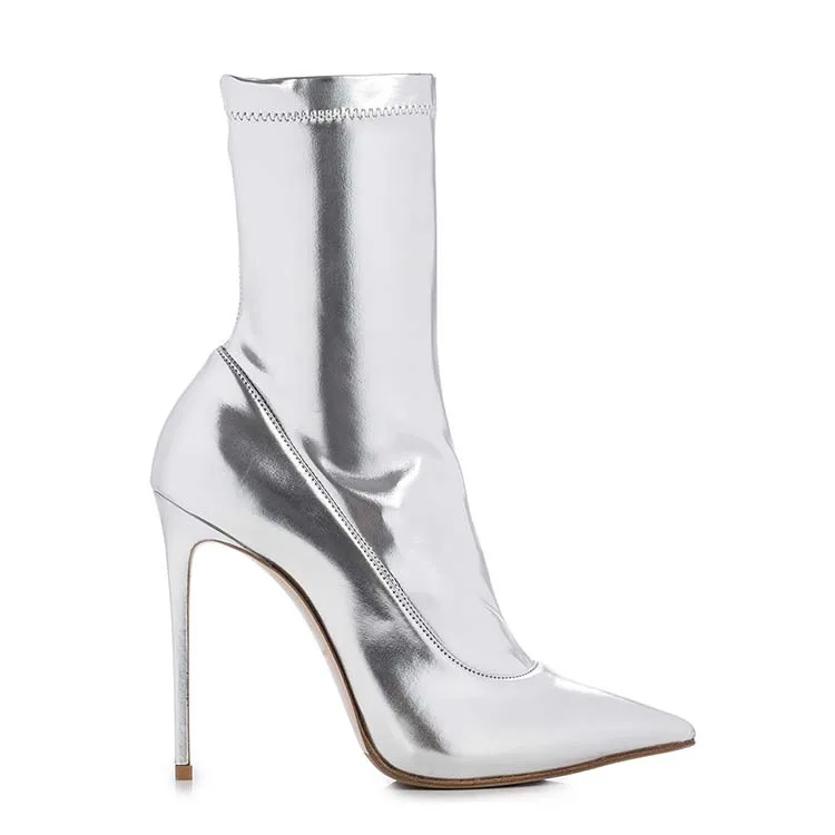 

Women new fashion Silver metallic fabric material elastic stiletto high heel boots