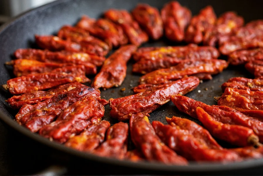 Close-up of dried New Mexico chilies being toasted in a cast iron skillet for Colorado pork chili