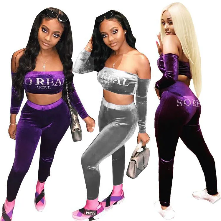 

Sexy Bandeau Top And Pants 2 Piece Velvet Women Clothing Set, Purple