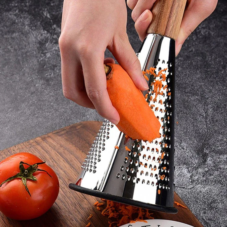 

Conical 3 Sides Wooden Handle Stainless Steel Kitchen Cheese Vegetable Carrot Grater