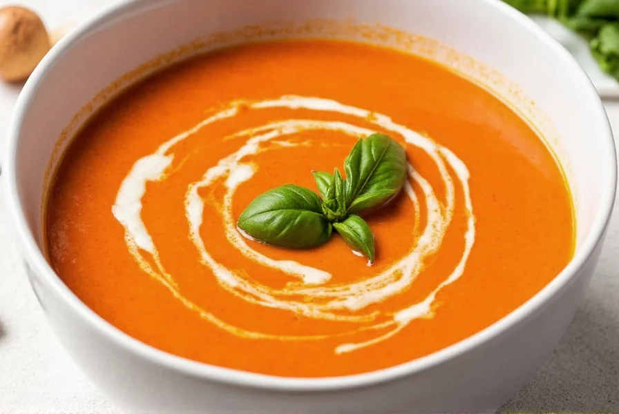 Velvety smooth roasted red pepper bisque in a white bowl, garnished with fresh basil and a swirl of cream
