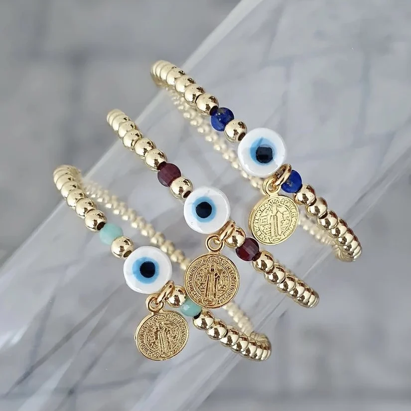 

LS-L1172 Beautiful 18k gold copper beads bracelets blue eye charms men bracelets cz pave Virgin Mary womens bracelets, Picture shows