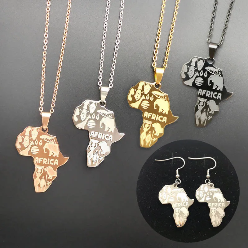 

HONGTONG Factory Outlet Amazon Hot Sale Hip Hop Animal Elephant Pendant Stainless Steel Gold Plated Africa Map Necklace, Picture shows