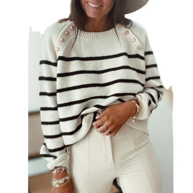 

Best Price Offer New Stripe Warm Pullover Fall Shoulder Button Knitted Sweater Women, Customized color