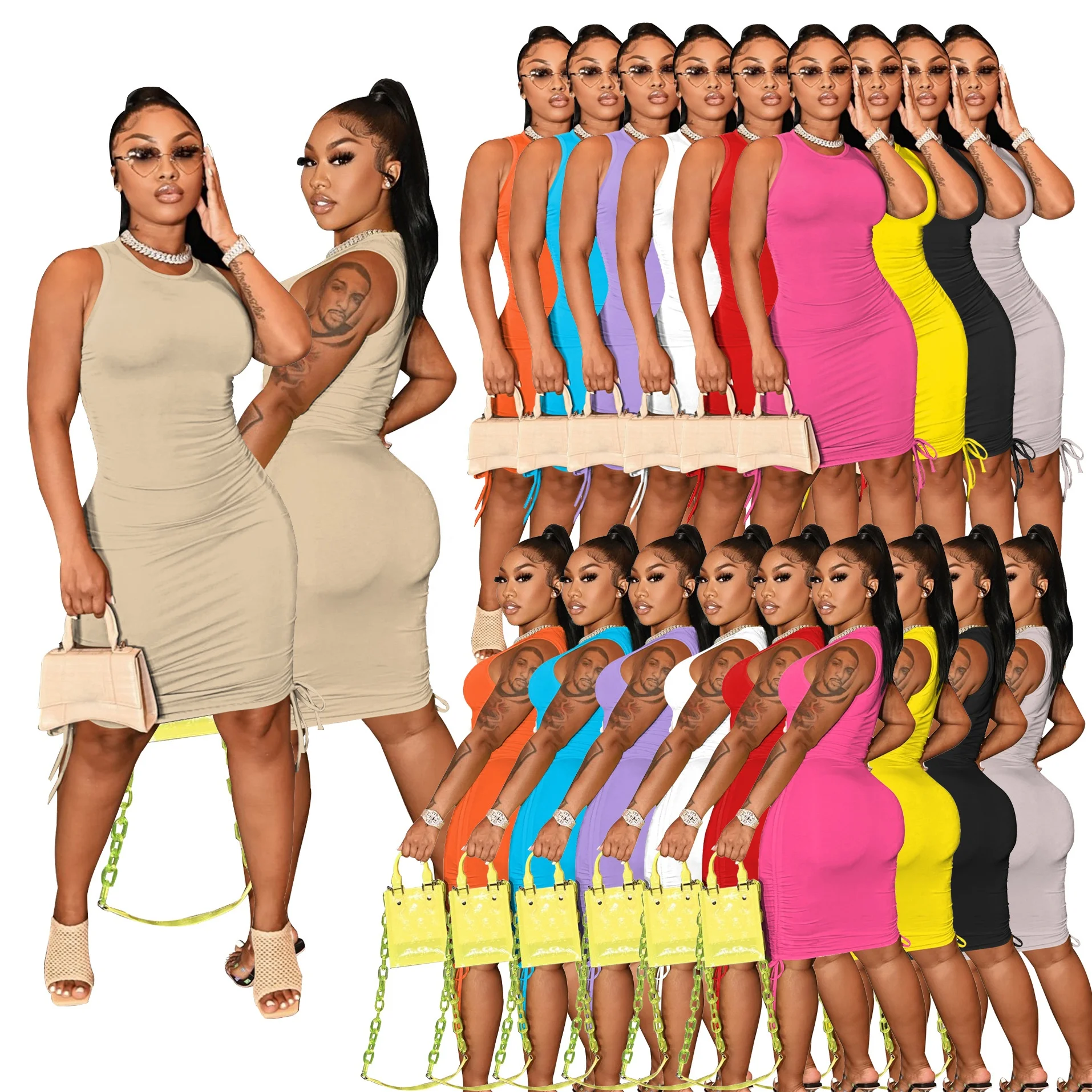 

XLL-sexy deep O neck pleated drawstring sleeveless bodycon ladies summer womens dresses