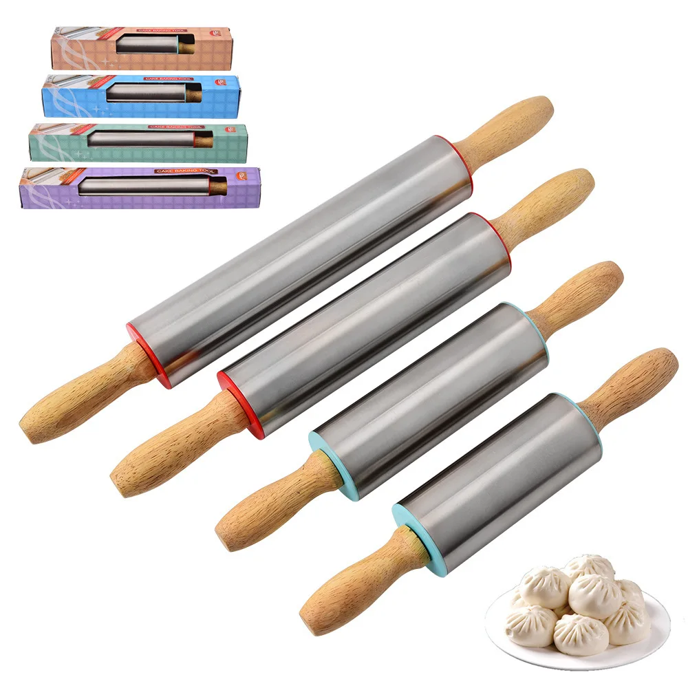 

Stainless Steel Rolling Pin - Non Stick Metal Roller with Wood Handles for Baking, Cooking, Cookies, Biscuits, Pizzas