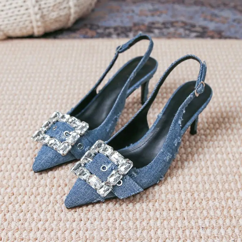 

7CM Summer&Spring Peep Toe Outdoor Slippers Denim Blue Trending Metal High Stiletto Heels for Woman