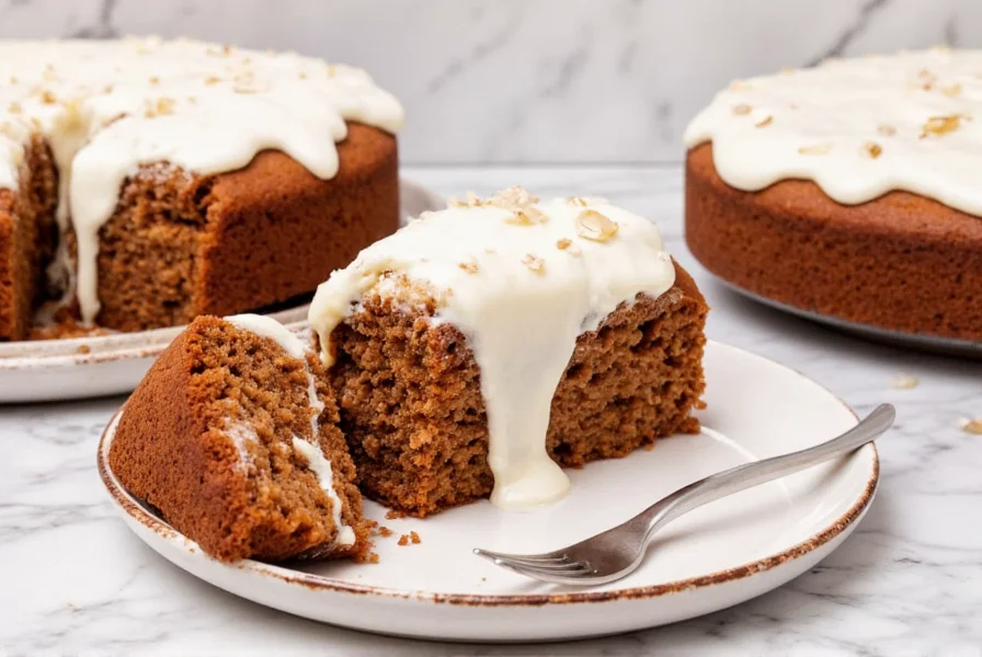 Finished ginger cake on a serving plate with a dusting of powdered sugar