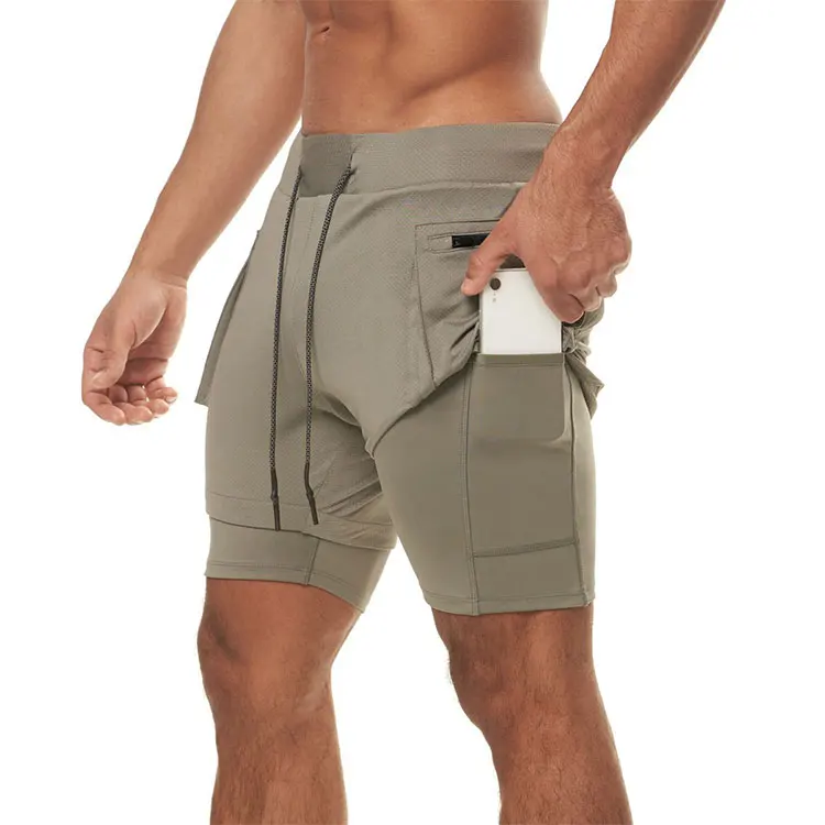 

Baisheng 2021 New Double Layer Gym Training Zip Pockets Men's Shorts