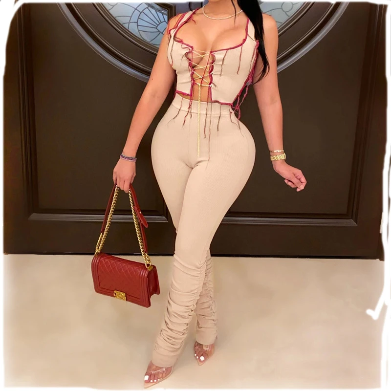 

Ribbed Lace Up Sleeveless Co-ord Sets Tank Top And Stacked Pants Fall 2020 Women Clothing Sexy Club Two Piece Set Outfits