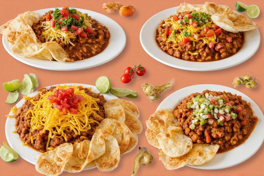 Variations of chili mac served in different regional styles with corresponding toppings and garnishes