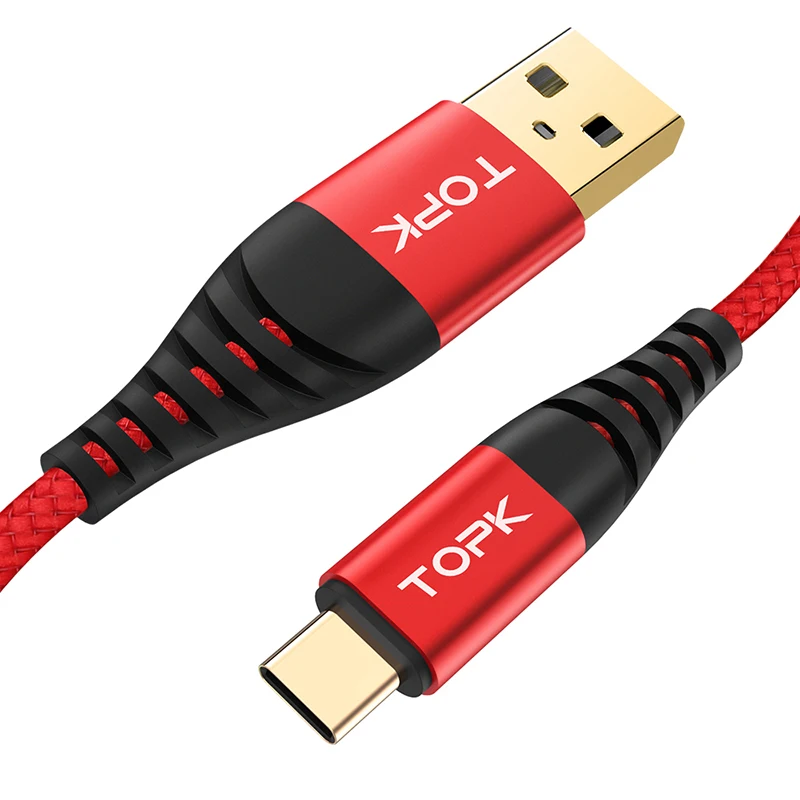 

Free Shipping TOPK High Quality Nylon Braided Gold Plated 3A Fast Charging Micro USB Type C Cable, Black/red
