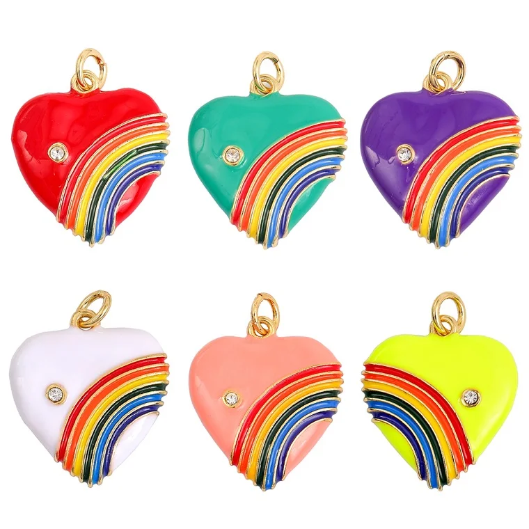 

Bohemian Rainbow Heart Charm Cz Zirconia Vintage Enamel Retro Style Pendant Designer Charms For Jewelry Making, Gold plated