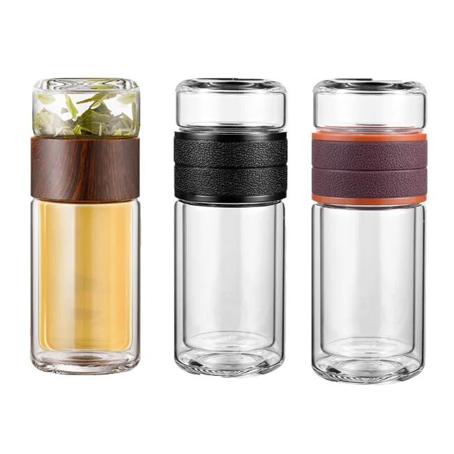 

Seaygift double wall heat glass tea infuser water bottle portable tea separation tea infuser glass mug with filter, Pink/black/brown