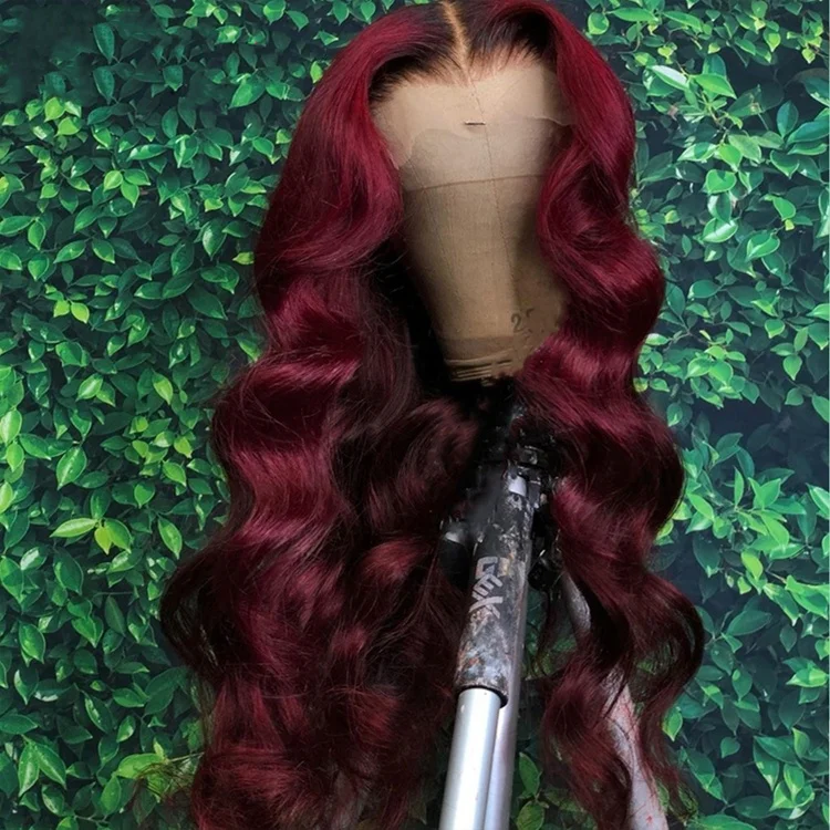 

T1B/Burgundy Ombre Color Transparent Swiss Lace Loose Deep Wave Human Hair Glueless Lace Front Wigs for Women