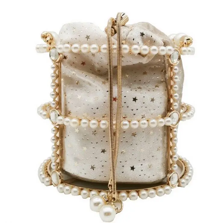

Wholesale Shinny Luxury Party Elegant Women Pearl Chains Multiway Bucket Metal Evening Clutch Bag Rhinestone Crystal Handbags, Pearl black