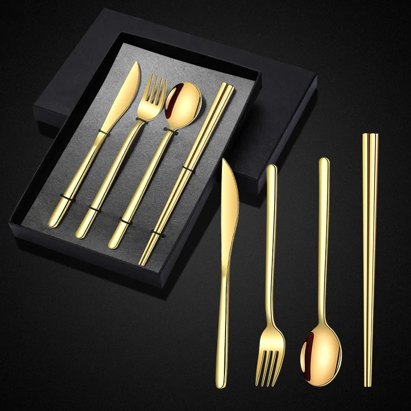 

CHINA OEM FACTORY WHOLESALE 4pcs Set Stainless Steel Tablewares Western Titanium-Plated Steak Knife&Fork& Spoon Suit