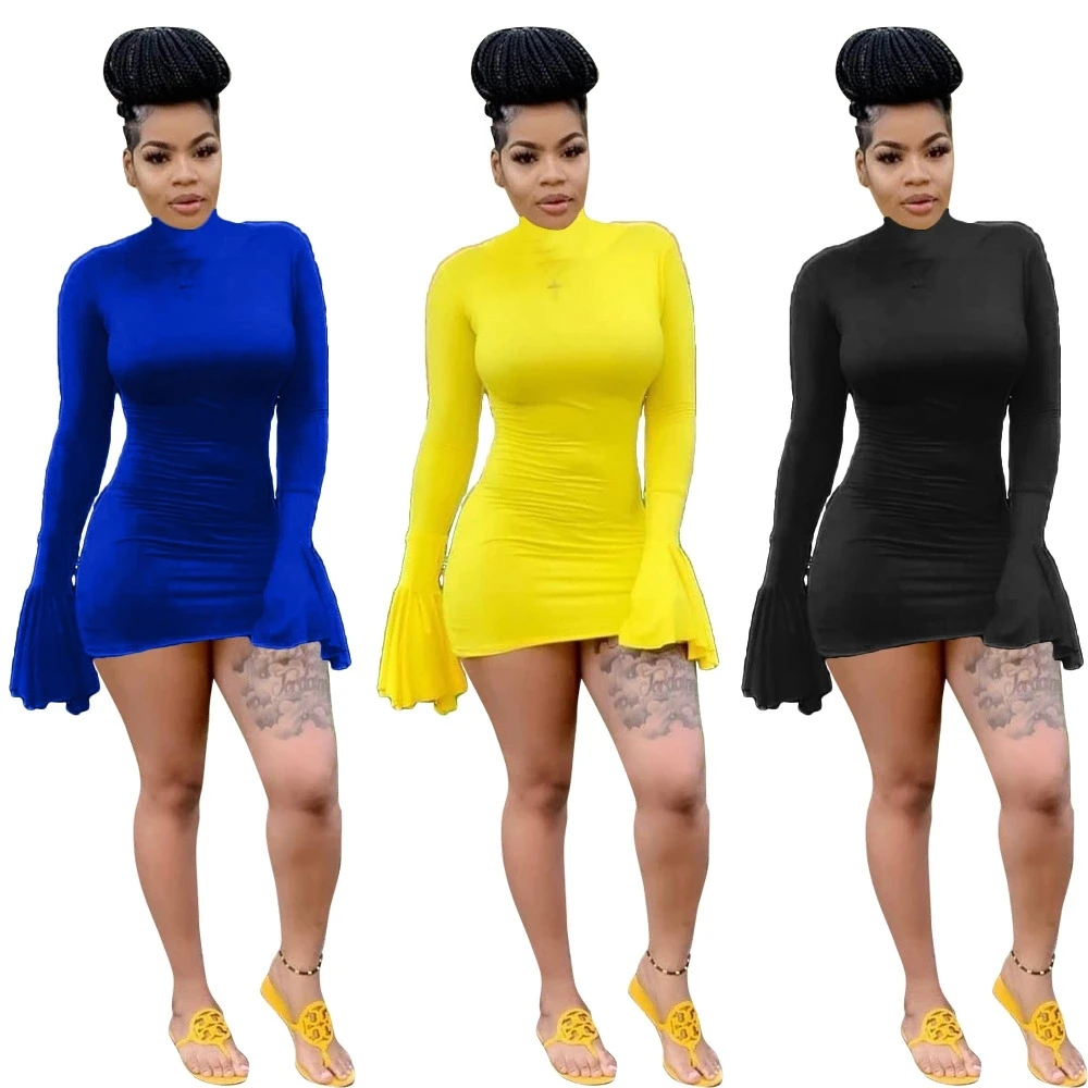 

Solid color sexy flared sleeve dress nightclub clothes women's casual solid long ruffled sleeve bandage bodycon mini dress