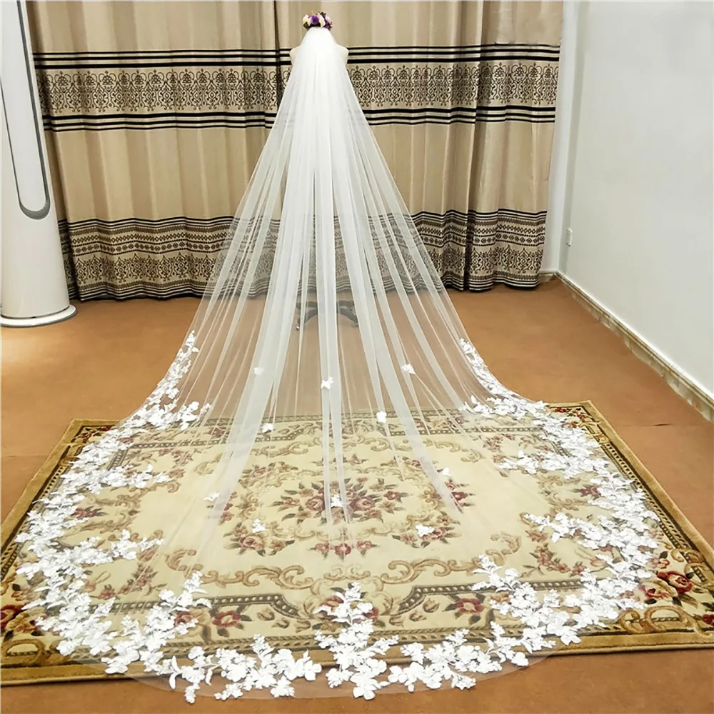 

Western style Bulk Sale Trendy Tulle Applique Long Veil Bridal Accessories Bride Flower Lace Cathedral Wedding Veil