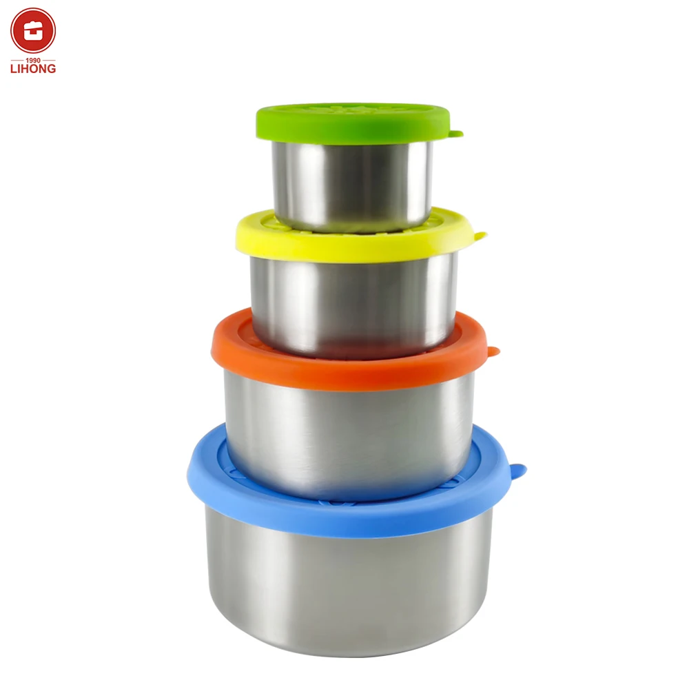 

LIHONG Multiple Size Stainless Steel Food Storage Container Small Bento Box Lunch Round Silicone Lid Food Container, Custom color