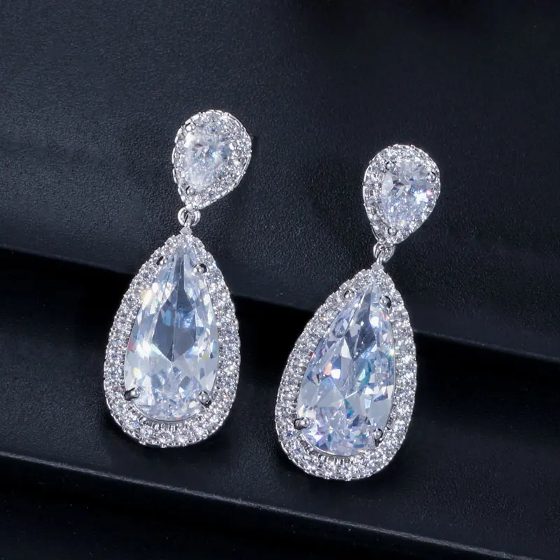 White Gold Plated Cubic Zirconia Crystal Long Tear Drop Dangling Bridal Earrings for Women Party Jewelry Gift with Safe Pin