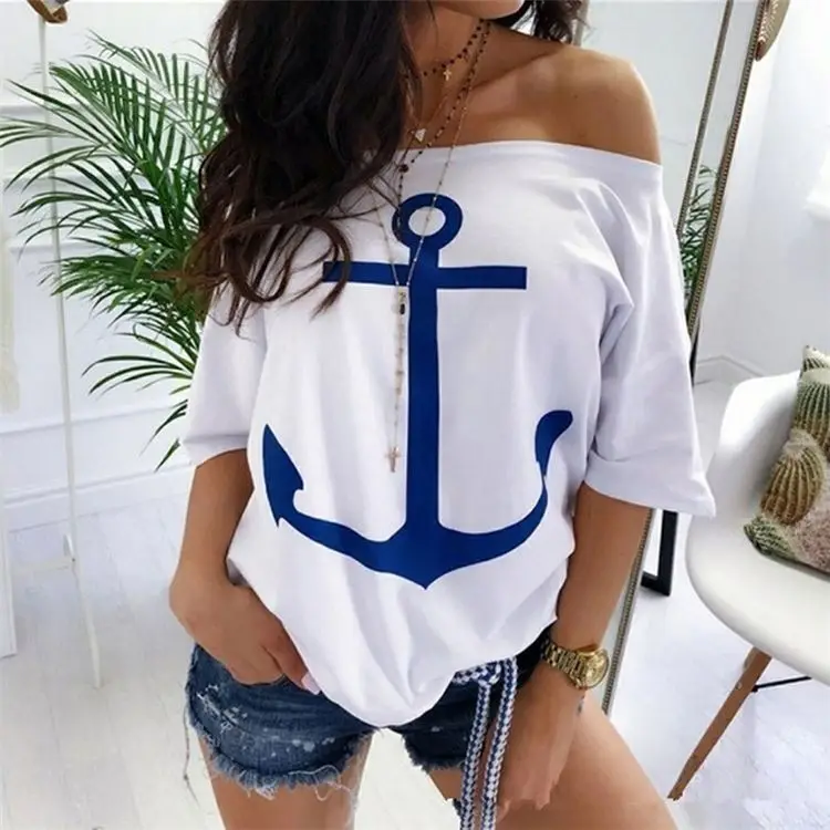 

New Style Plus Size Woman Tops Fashionable Off Shoulder Graphic T Shirts Women Batwing Sleeve Ladies' Blouses