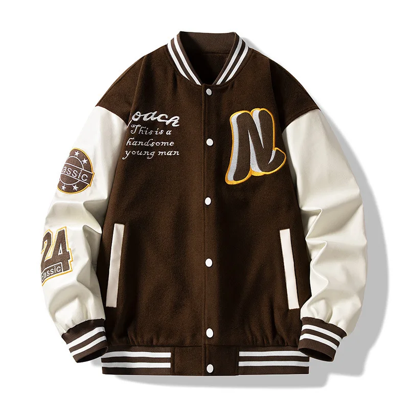 

wholesale cotton black white university thick winter jacket for men custom brown bomber jacket