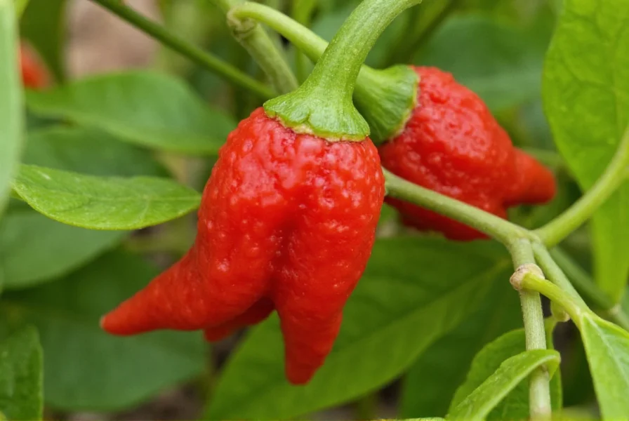 Close-up photograph of Carolina Reaper chili peppers showing their distinctive stinger tail and bumpy red skin on plant