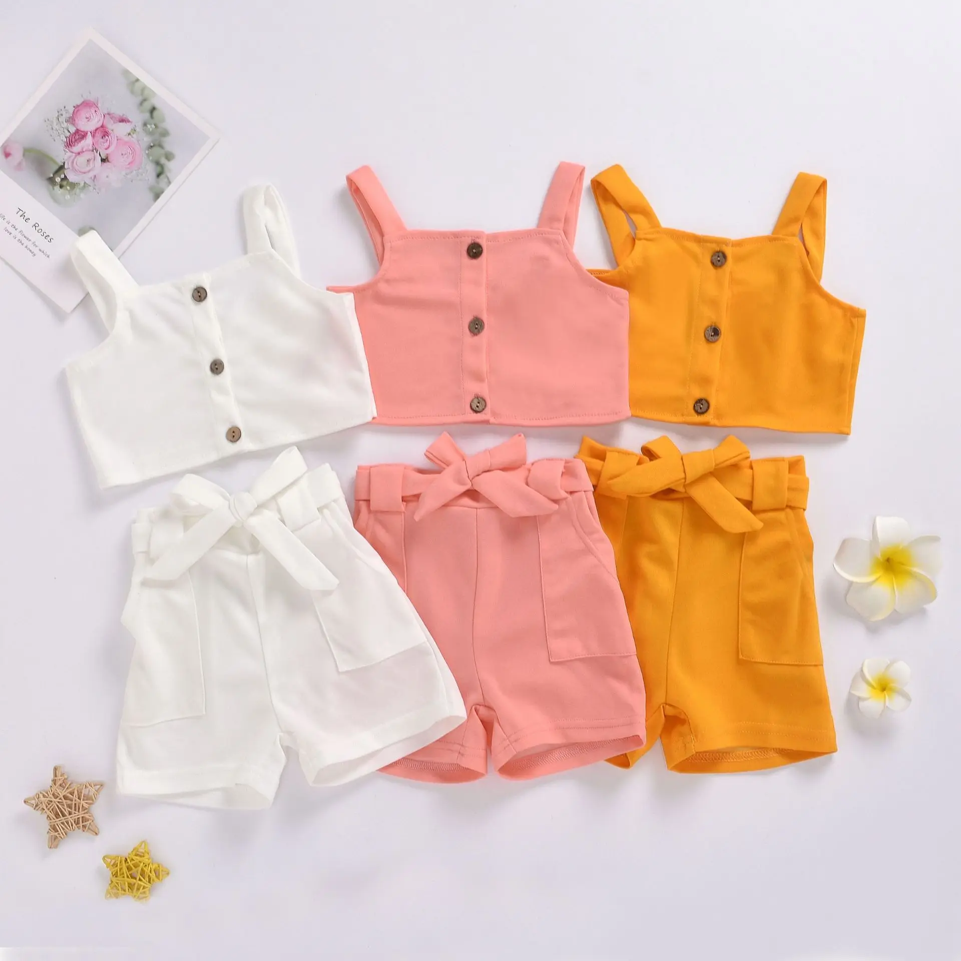 

RTS Summer Shorts Outfit 2 Piece Button Baby Toddler Children Girl Clothing Sets