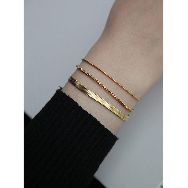 

3 Designs Flat Snakebone Chain Bracelets Thin Round Weaved Box Chain Herringbone Bracelet Women Trendy Stainless Steel Jewelry, Gold